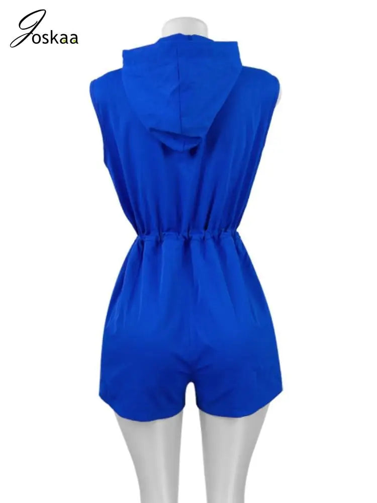Joskaa 2025 Summer Women's Zip Hooded Sleeveless Rompers Casual Drawstring Waist Pocket Playsuits Holiday Streetwear S-XXL
