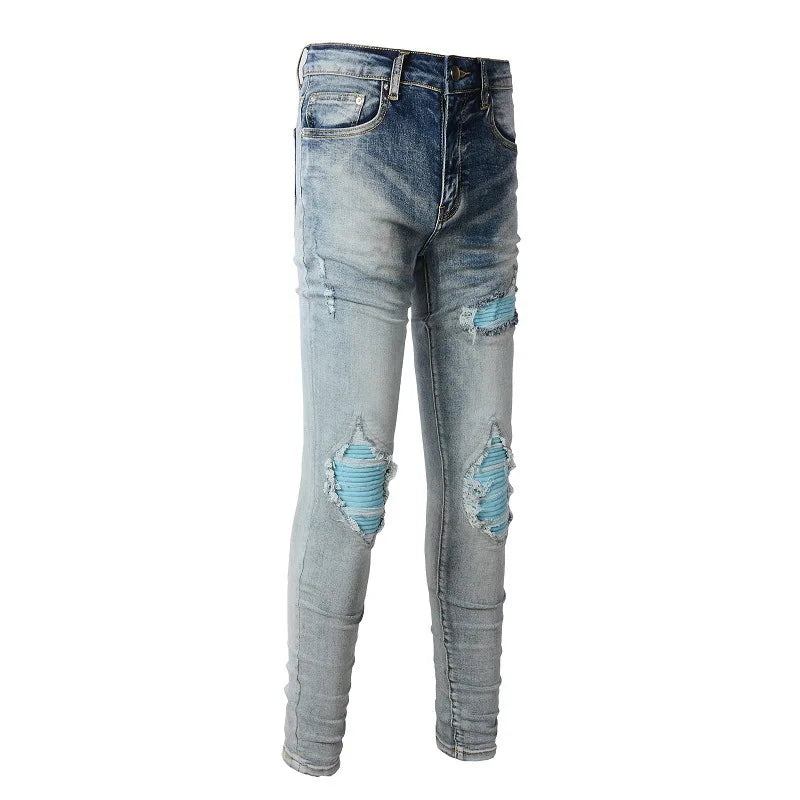 High Street European and American Streetwear. New Men's Eye-catching Blue Patched Slim-fit Jeans with Holes for 2024.