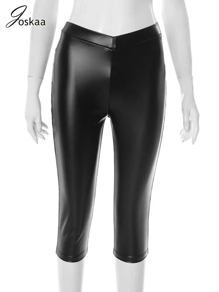 Joskaa Women's 2025 High Gloss Leather Pants Sexy Black Stretchy Skinny Straight Leg Capri Trousers Midnight Party Club Bottoms