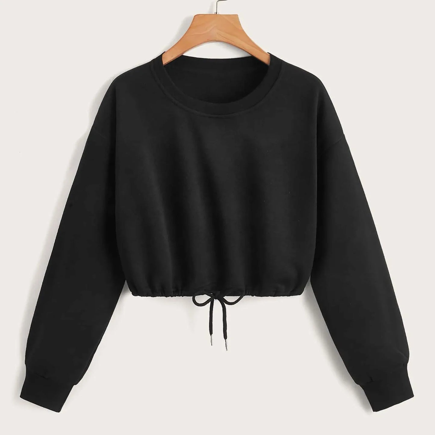 Women Casual Solid Round Neck Long Sleeve Crop Top Sweatshirt Loose Strap Top Athletic Wear Hoodie Casual Female Sportswear