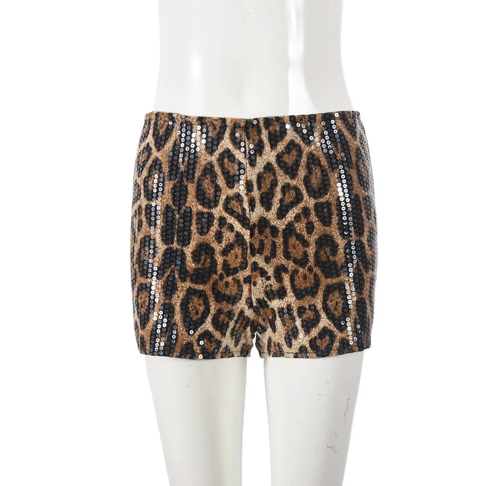 Shorts Women Summer 2025 New Fashion Sparkling Pearl Christmas New Product Leopard Print Elastic Waistband Casual Half Pants