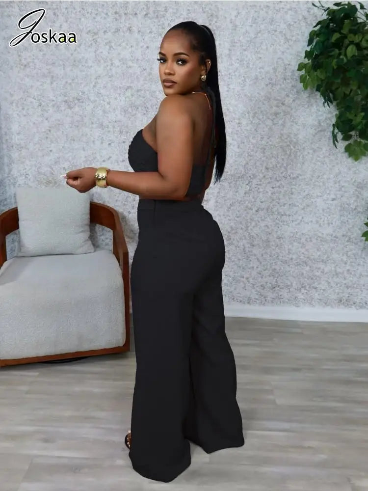 Joskaa 2025 Women 2 Piece Sets Sexy Strapless Ruched Halter Tops+High Waist Side Zip Wide Leg Pants Suits Tracksuits Streetwear