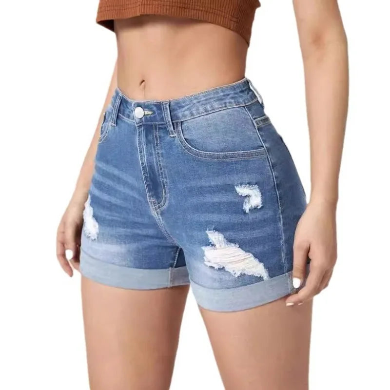 2025 Fashionable Ripped Rolled High Stretch Denim Shorts High Waist Black Tight Casual Hot Pants Women's Three-point Pants