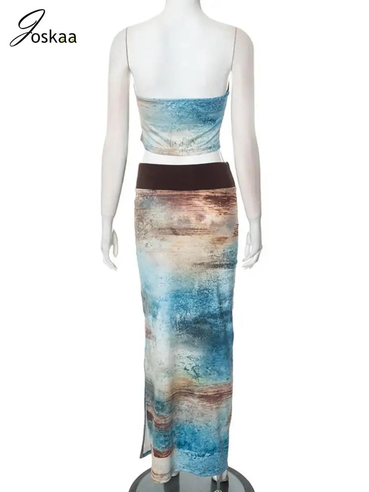 Joskaa Women Gradient Print 2 Piece Sets Summer Party Club Outfits Sexy Tube Tops and Maxi Hip Skirt Matching Vacation Beachwear