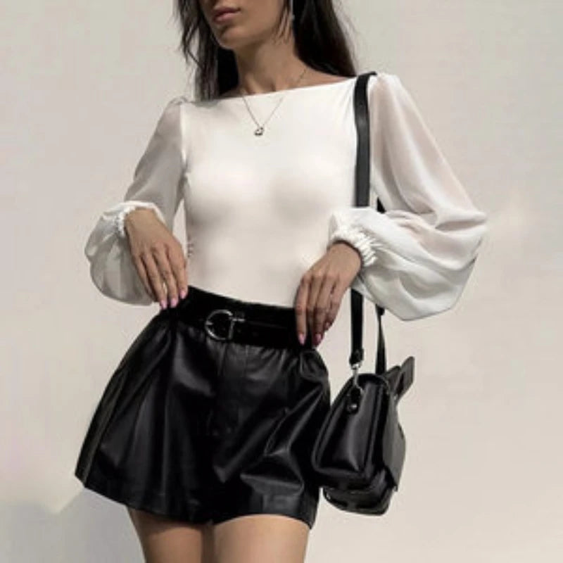 Sexy Bodysuit For Women Black White Bodycon Mesh Long Sleeve One Pieces Solid Round Neck Bodysuits Jumpsuit Tops Body Suit Y2K