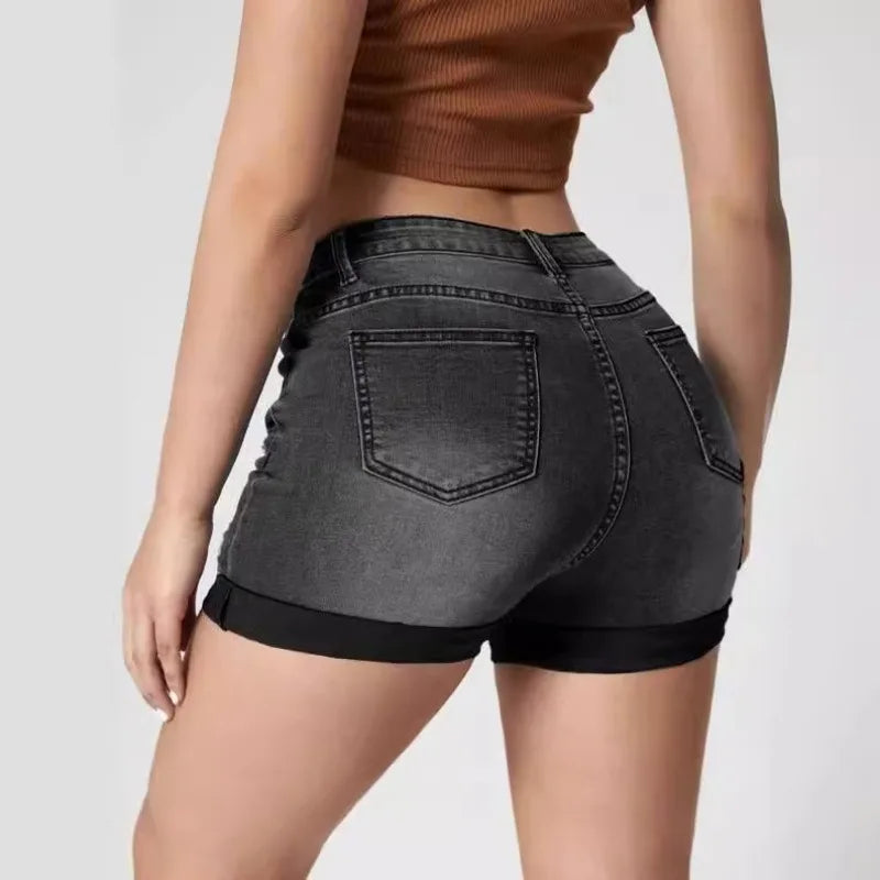 2025 Fashionable Ripped Rolled High Stretch Denim Shorts High Waist Black Tight Casual Hot Pants Women's Three-point Pants