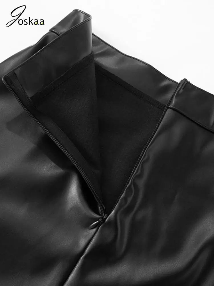 Joskaa Women 2 Piece Sets Sexy Pleated Long Sleeve Tops and Leather Mini Skirt Matching Autumn Party Club Outfits Y2K Streetwear