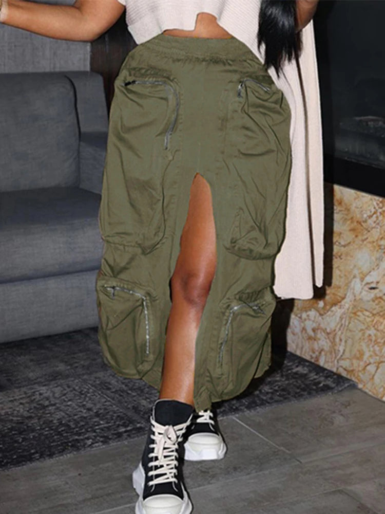 Joskaa Harajuku Cargo Skirt Women Casual Zipper Loose High Waist Long Y2k Skirt Autumn Sumemr 2023 Female Bottom Korean