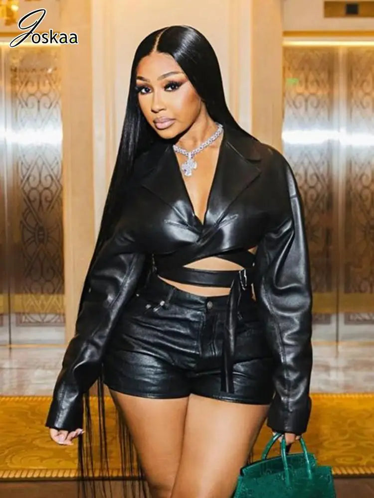 Joskaa PU Leather Black 2 Piece Set Women Hipster Sexy V-Neck Long Sleeve Crop Top and Shorts Matching Party Clubwear Streetwear