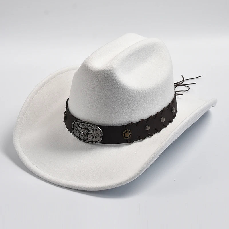 New Artificial Wool Western Cowboy Hats for Men Women Vintage Wide Brim Fedoras Hats Gentleman Lady Cowgirl Jazz Hats