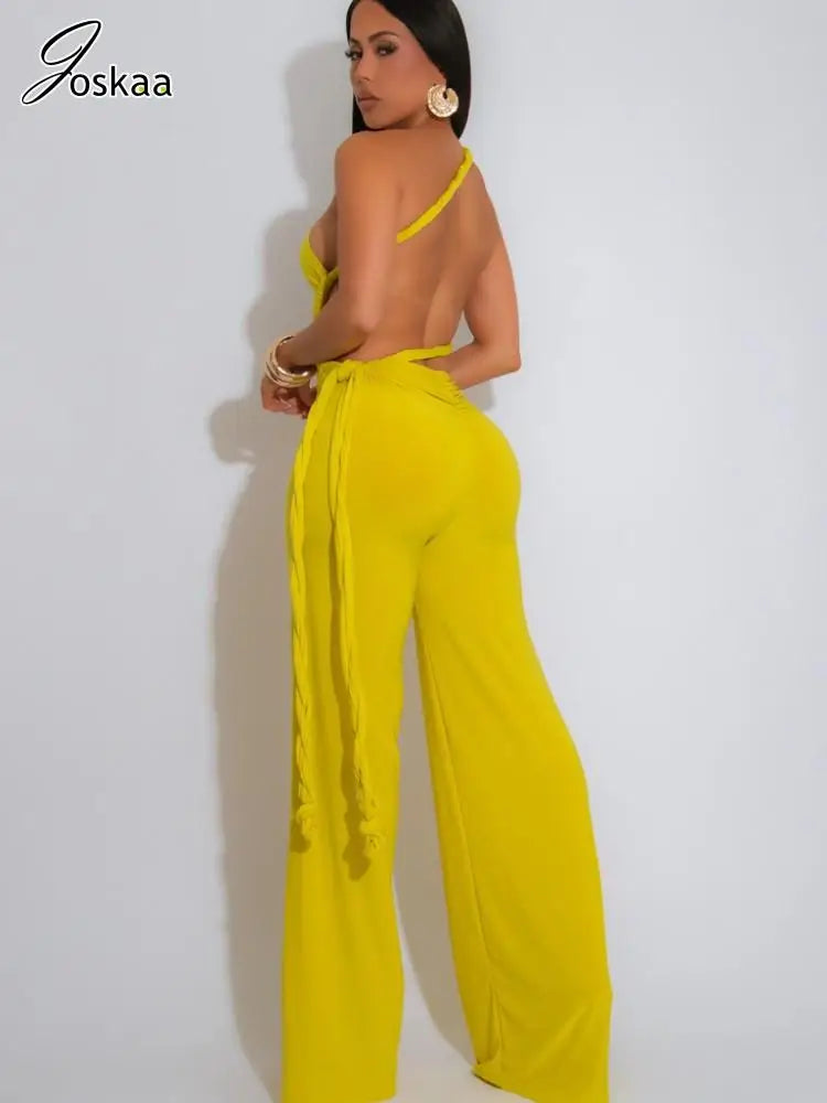 Joskaa 2025 Summer Women Sexy Cutout Halter Neck Backless Drawstrings Wide Leg Jumpsuit Beach Holiday Party Club Rompers S-XXL