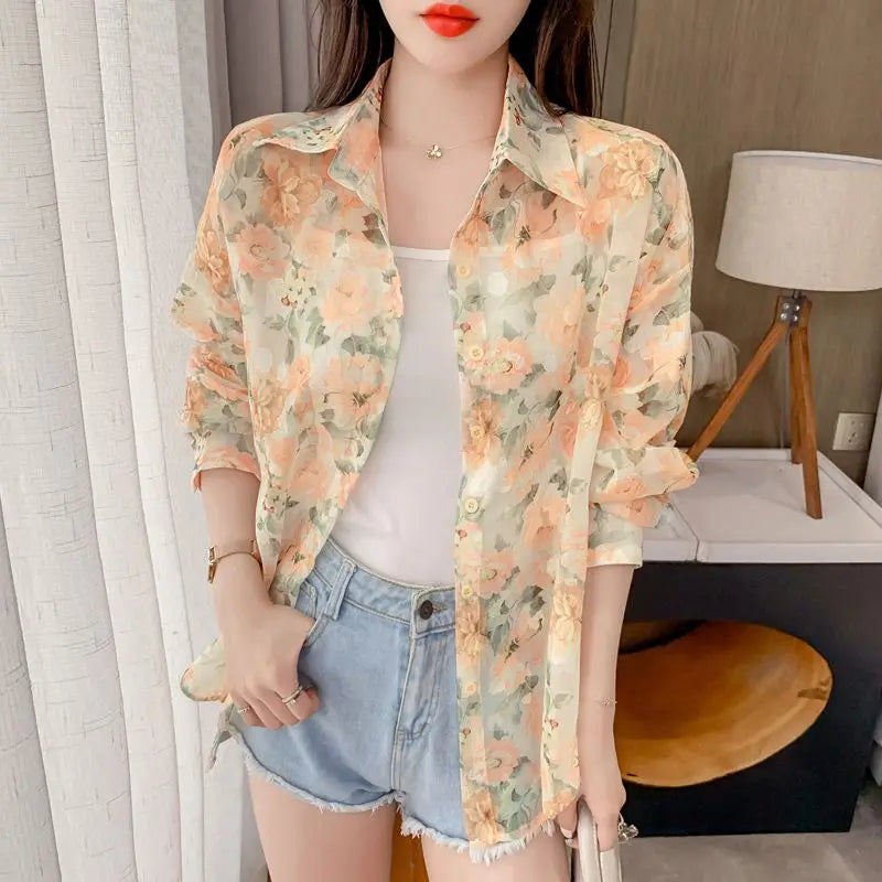 Sunscreen Clothes for Women New Summer Thin Jacket Design Niche Floral Chiffon Shirt