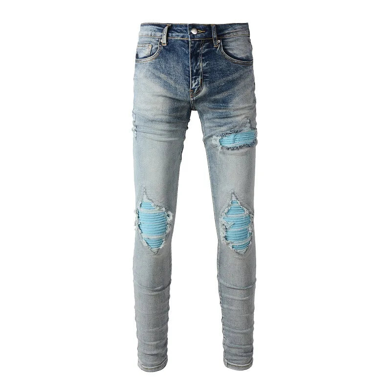 High Street European and American Streetwear. New Men's Eye-catching Blue Patched Slim-fit Jeans with Holes for 2024.
