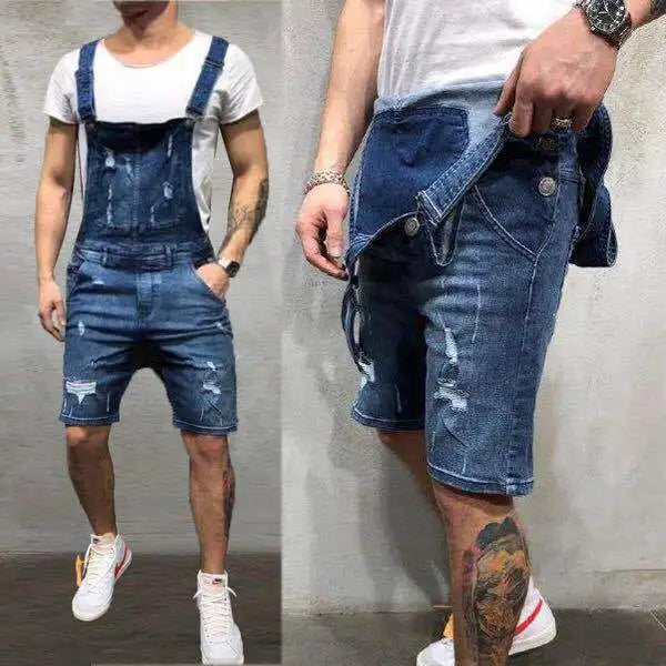 Men Ripped Jeans Jumpsuits Streetwear Distressed Stretch Denim Overalls for Man Jeans Suspender Knee Length Pants Male Rompers