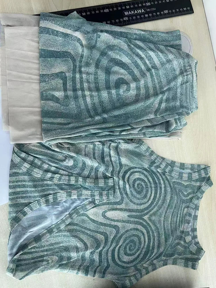 Joskaa 2025 Summer Women's Geometric Print 2 Piece Set Sexy Mesh O-Neck Bodysuits and Flared Pants Matching Holiday Streetwear