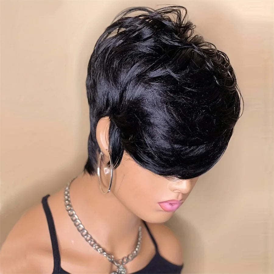 pixie cut human hair machine made remy wig 6inch natural balck color 150% density daily party use wig short straight pixie wig