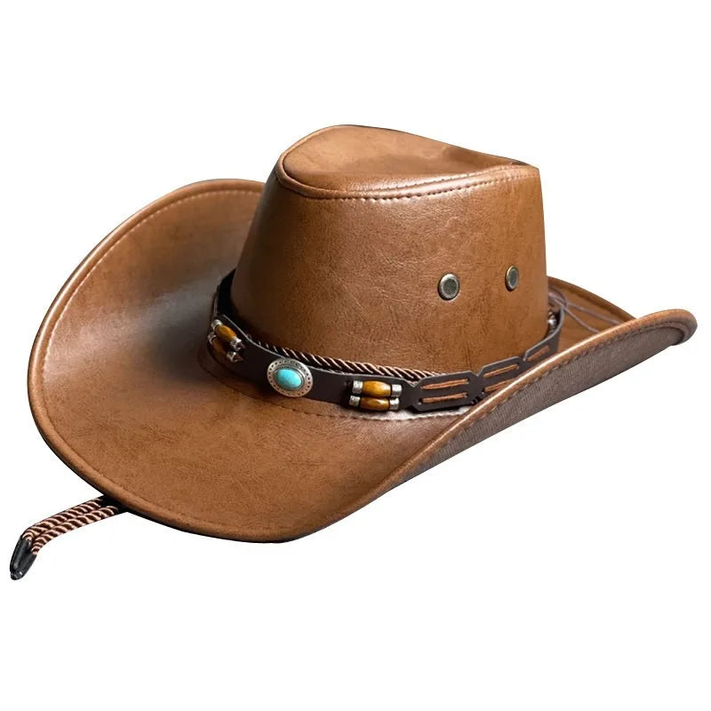 Faux Leather Western Cowboy Hats for Women Men Vintage Gentleman Dress Hats Panama Cowgirl Jazz Cap Sombrero Hombre