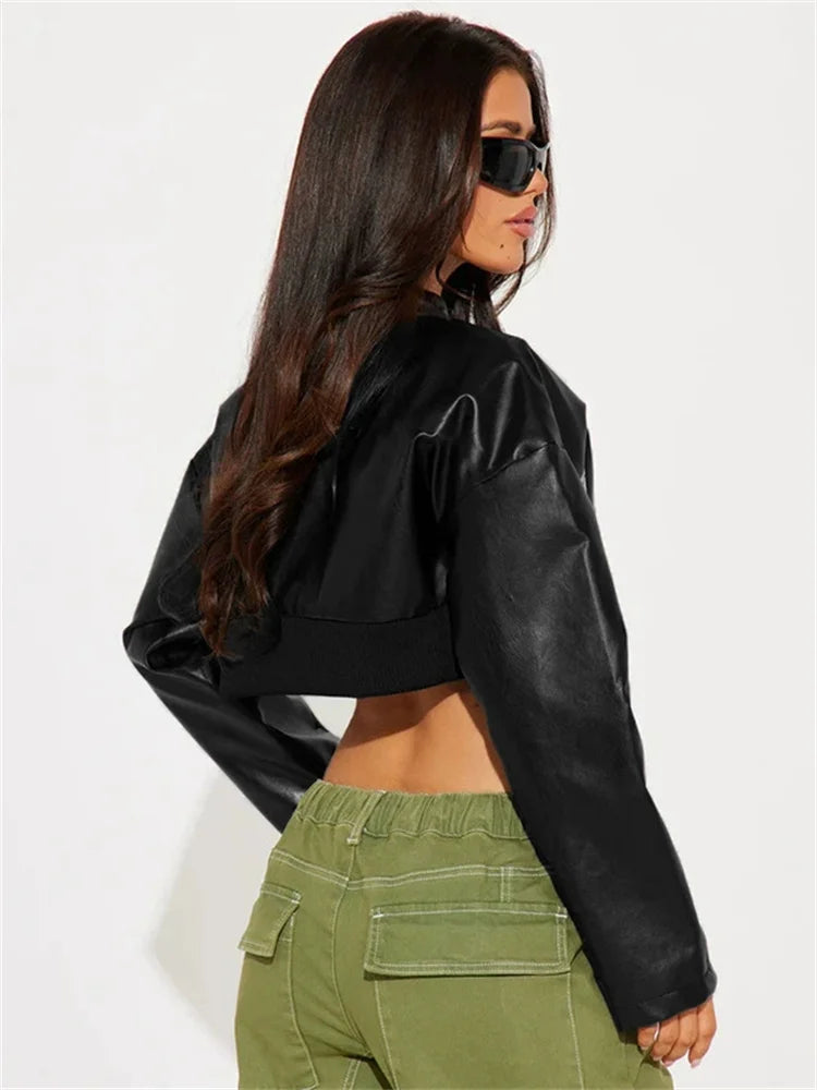 Weird Puss PU Patchwork Women Jacket Letter Print Hipster Button Zip Full Sleeve Trend Cool Street Spring Outwear Crop Coat