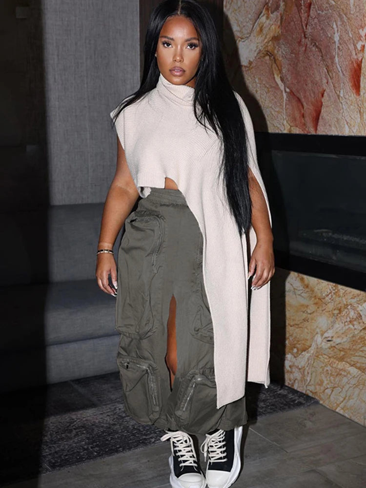 Joskaa Harajuku Cargo Skirt Women Casual Zipper Loose High Waist Long Y2k Skirt Autumn Sumemr 2023 Female Bottom Korean