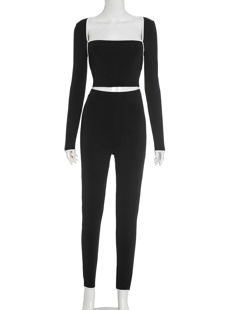 Weird Puss Casual Tracksuit 2-Piece Set Women White Edge Square Collar Crop Top+Leggings Fitness Stretch Slim Matching Outfits