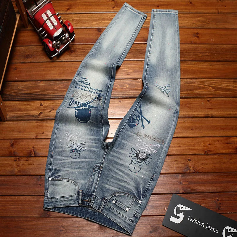 Light luxury fashion men's clothing summer thin jeans men's slim fit small feet elastic trend printed long pants
