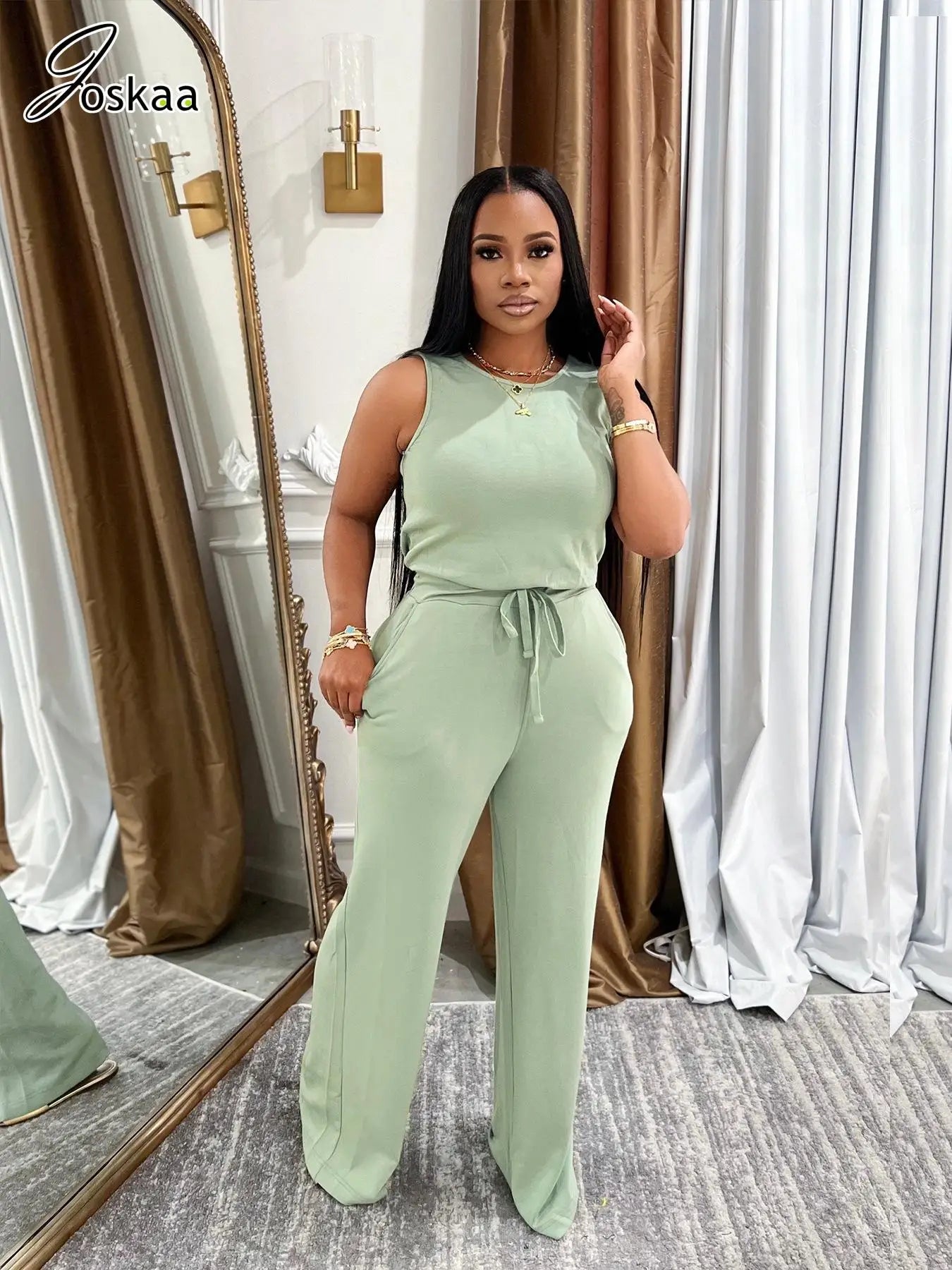 Joskaa 2025 Summer Women's Casual O-Neck Sleeveless Bandage Back Zip Bodycon Commuting Jumpsuit Holiday Vintage Streetwear S-XXL