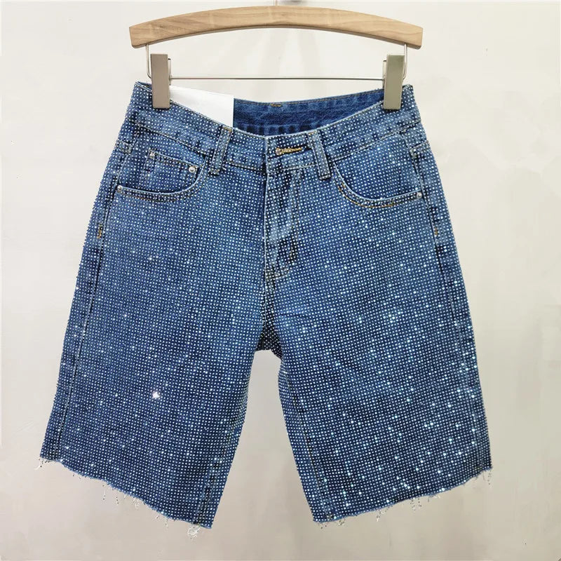 2025 New Fashion Summer Women's Denim Shorts Full Diamonds Burrs Edge High Waist Straight Knee Length Trousers
