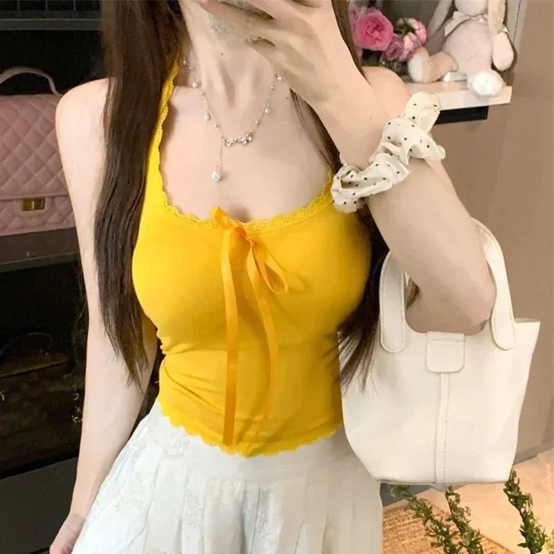 2025 Summer Women T-Shirts Sexy U-neck Halter T-Shirts Female Solid Lace Underwear Tops Girls Fashion Bowknots Slip Vest Clothes