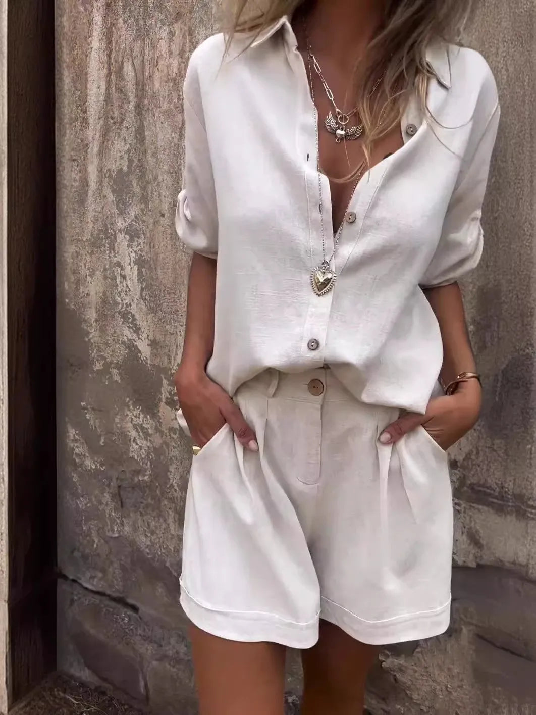 2025 Summer Women's Fashion Elegant Shorts Short Sleeve Two-Piece Set Casual Commuter Loose Button Shirt Tops And Shorts Set