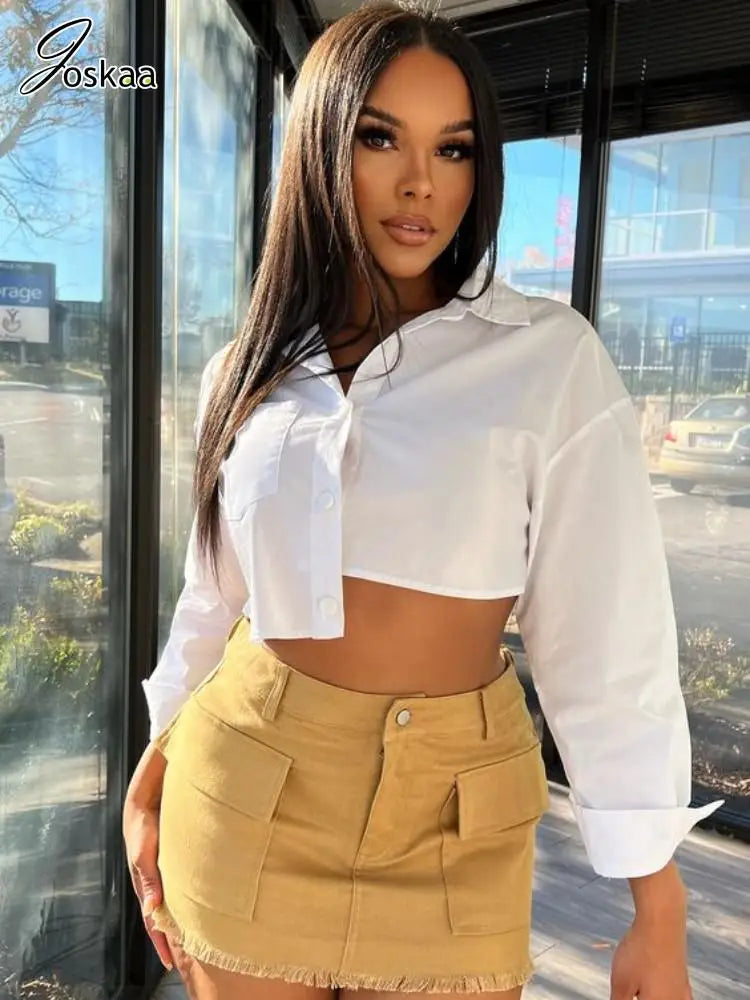 Joskaa Unique Irregular Shirts Women Hipster Sexy Lapel Long Sleeve Single Breasted Crop Tops Female Blouses Harajuku Sreetwear