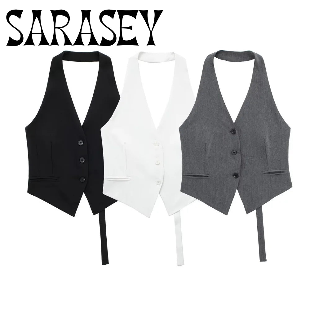 Summer 2025 Women's Sexy Halter Sleeveless Fashion Halter Neck Vest Vest Black and White Short Top