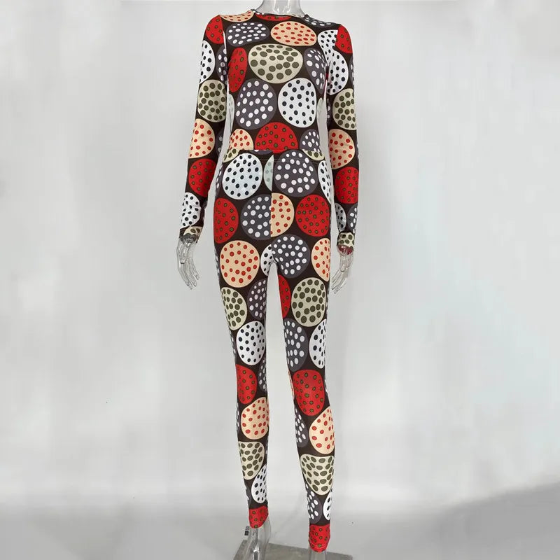 Joskaa Polka Dot Cookies Print 2020 Autumn New Colorful Two Piece Outfit Women's Long Sleeve Blouse Tight Hip Pants Suit