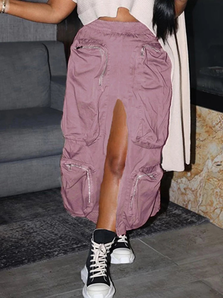 Joskaa Harajuku Cargo Skirt Women Casual Zipper Loose High Waist Long Y2k Skirt Autumn Sumemr 2023 Female Bottom Korean