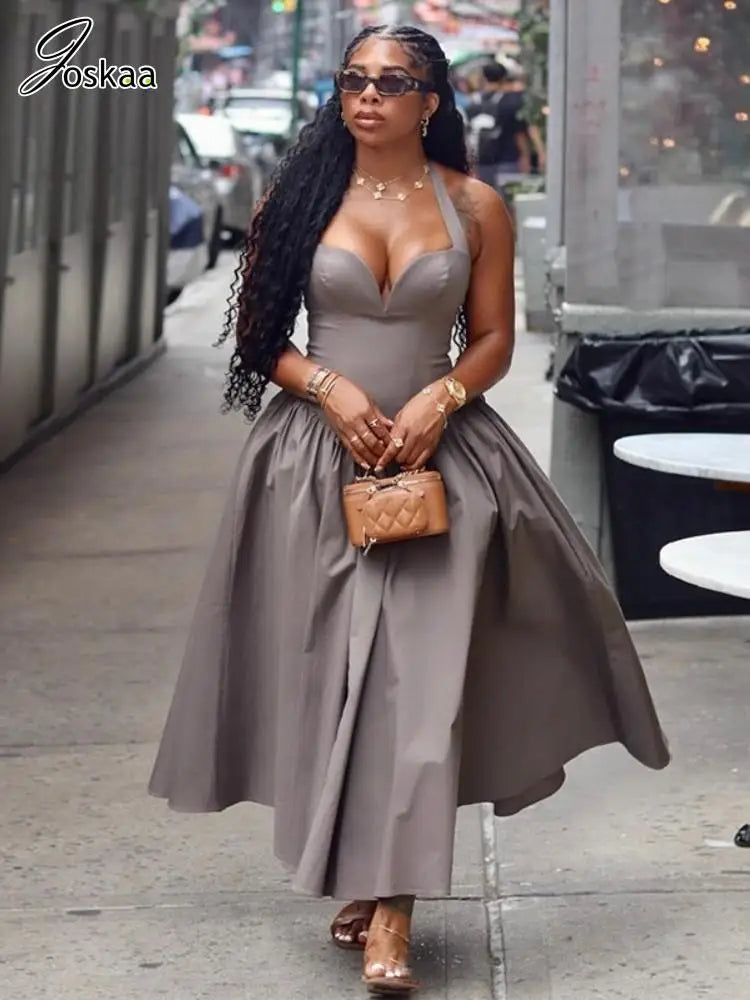 Joskaa 2025 Summer Sexy Halter Sleeveless A-Line Dress Women Hipster V-Neck Backless Skinny Vestidos Holiday Streetwear S-XXL