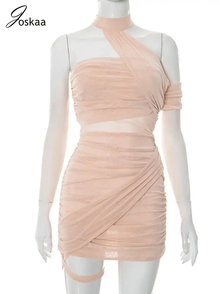 Joskaa 2025 Summer Women's Sexy Halter Backless Body-Shaping Asymmetrical Mesh Pleated Mini Dress Holiday Beach Party Clubwear