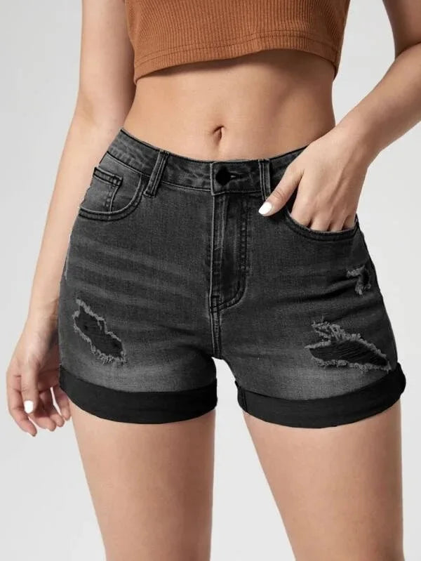 2025 Fashionable Ripped Rolled High Stretch Denim Shorts High Waist Black Tight Casual Hot Pants Women's Three-point Pants