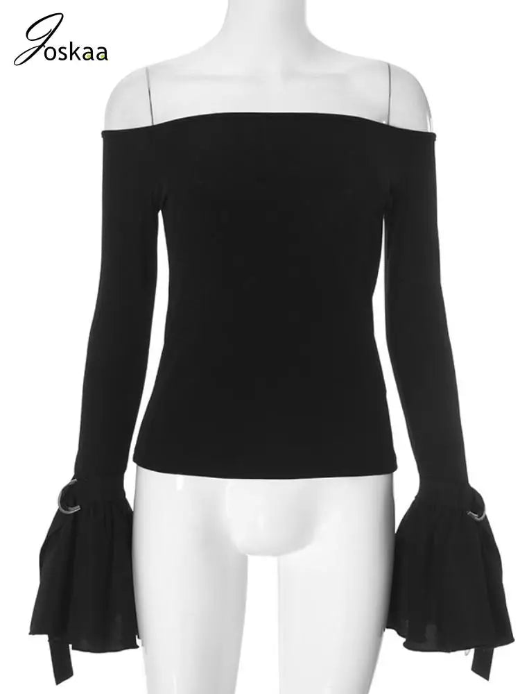 Joskaa Sexy Slash Neck Black T-Shirts Women Hipster Off Shoulder Flare Long Sleeve Tops 2025 Spring Sweet Girl Tees Streetwear