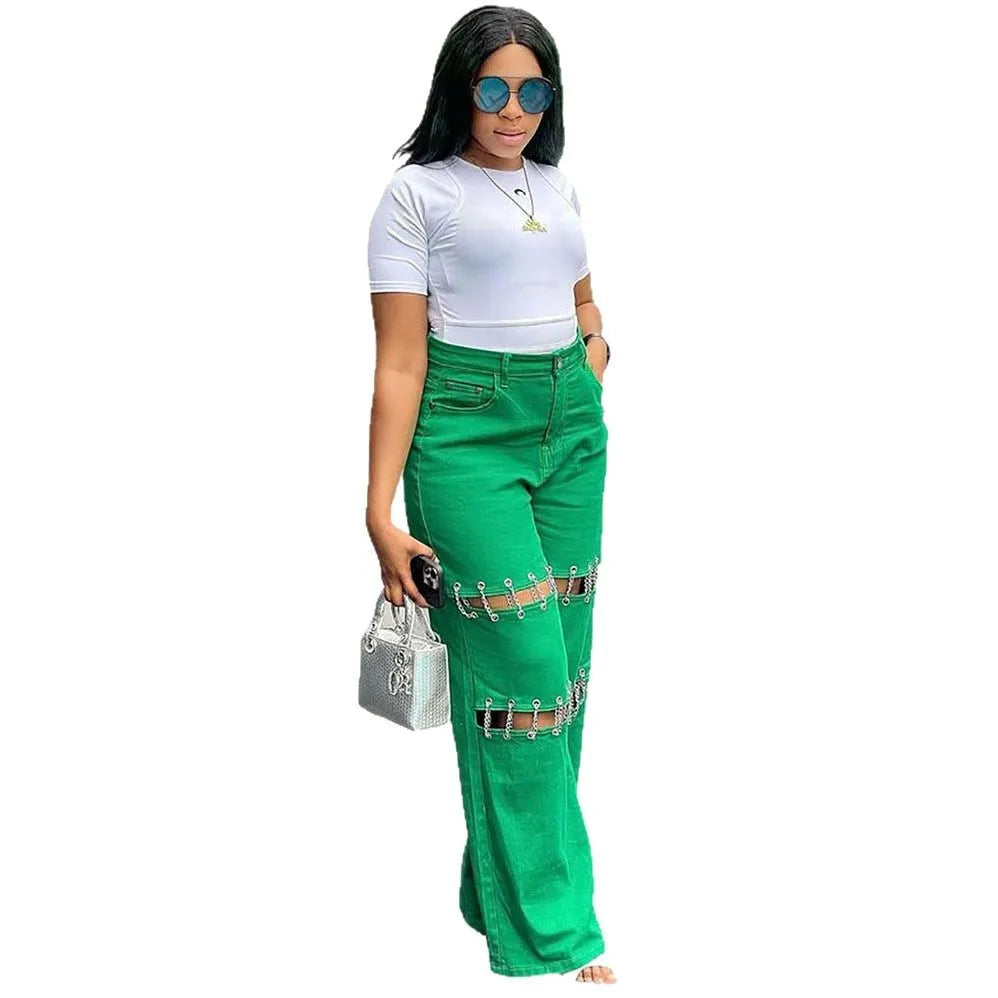 New Casual Empty Nail and Chain Stitching Jeans. Women's Spring Summer Fashion Solid-colored Loose High-waisted Wide-leg Jeans