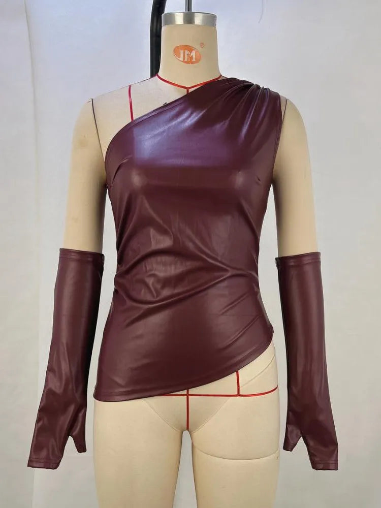Joskaa Sexy Skew Collar Irregular Faux Leather Tank Top and Oversleeve Matching Women Clothes Autumn Fashion Midnight Club Tops