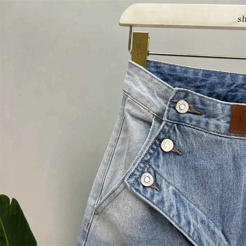 Gradient Design Denim Shorts Women Summer New High Waist Diagonal Buckle Loose Short Jeans Fashion Niche Straight Cowgirl Shorts