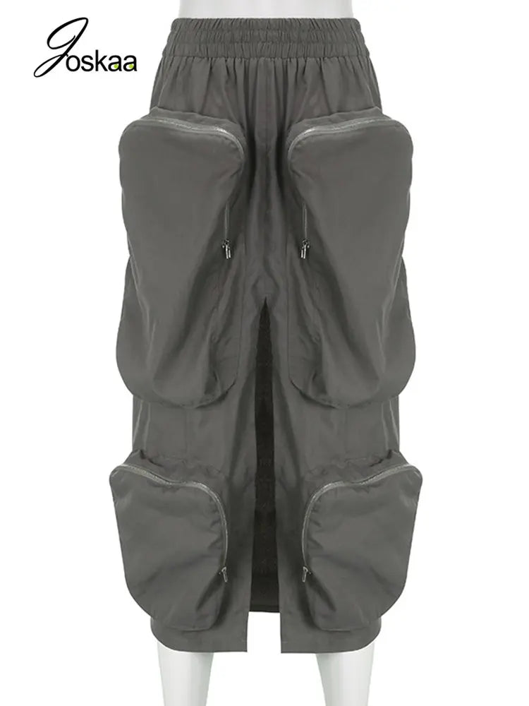 Joskaa Harajuku Cargo Skirt Women Casual Zipper Loose High Waist Long Y2k Skirt Autumn Sumemr 2023 Female Bottom Korean