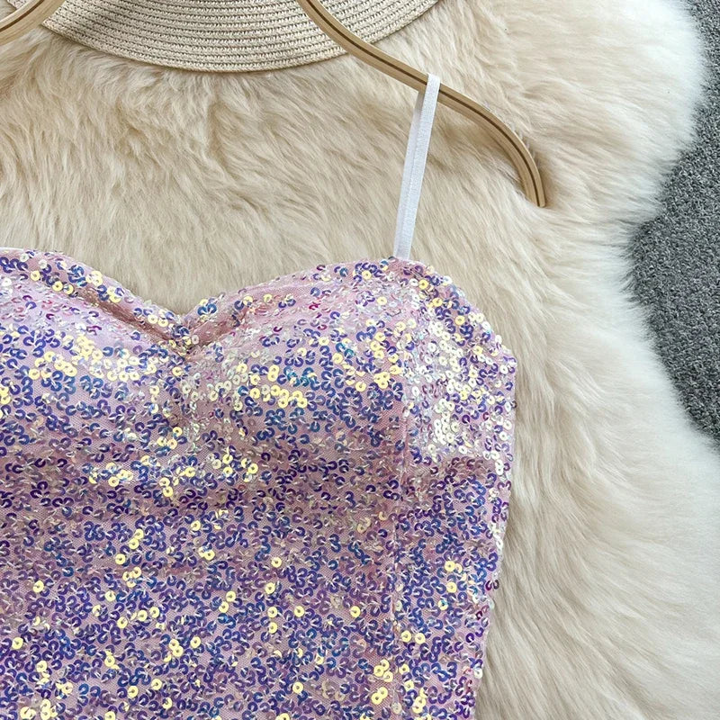 Summer Women Design Off Shoulder Tank Tops With Bra Pad Sequin Elastic Pleated Patchwork Crop Tops Backless New All-match Camis