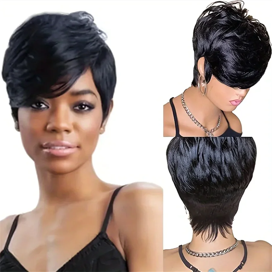 pixie cut human hair machine made remy wig 6inch natural balck color 150% density daily party use wig short straight pixie wig
