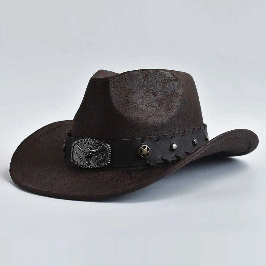Western Cowboy Hat for Men Women Faux Leather Vintage Gentleman Cowgirl Costume Jazz Hats Sombrero Hombre