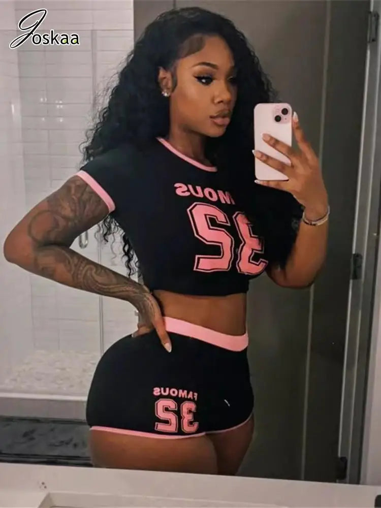 Joskaa Letter Print Sporty 2 Piece Set Women Hipster O-Neck Short Sleeve Crop Tops and Shorts Matching Tracksuits Y2K Streetwear