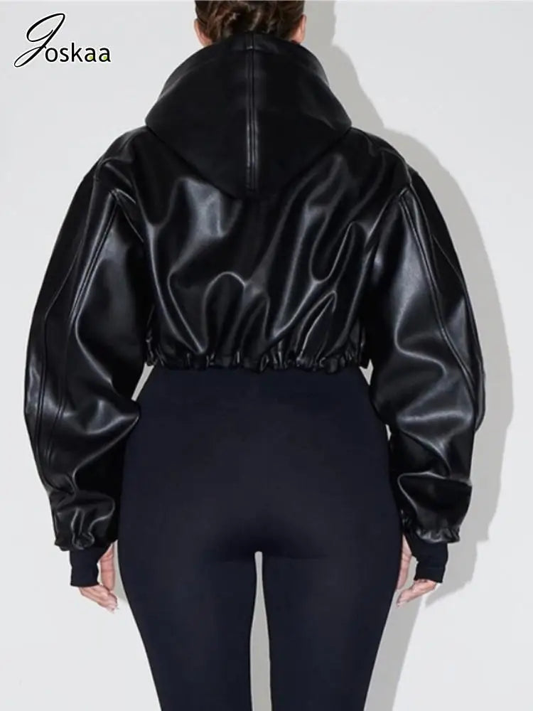 Joskaa Fashion Black Faux Leather Jackets Women Hipster Sexy Hooded Long Sleeve Zip-Up Crop Coats Autumn Outerwear Streetwear