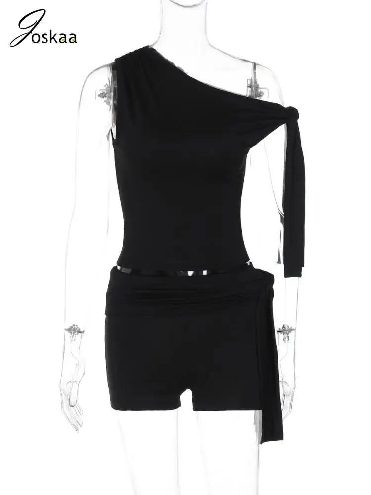 Joskaa Women's 2025 Summer Solid Two Piece Set Sexy Asymmetric Sleeveless Top and Bandage Shorts Matching Tracksuits Streetwear