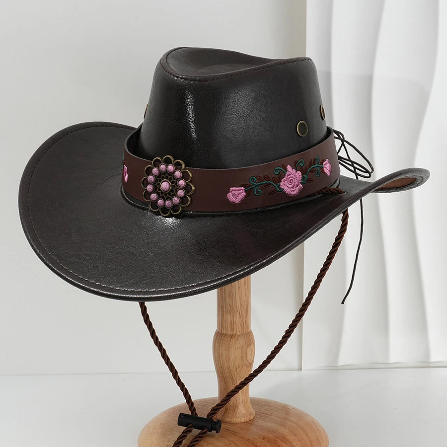 Faux Leather Western Cowboy Hats For Women Men Vintage Wide Brim Gentleman Church Jazz Cap Cowgirl Hats Sombrero Hombre