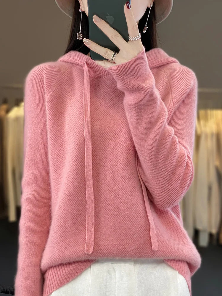Autumn Winter Women's Cashmere Hooded Pullover Thick Sweater Raglan Sleeve 100% Merino Wool Knitwear Warm Casual Comfortable Top