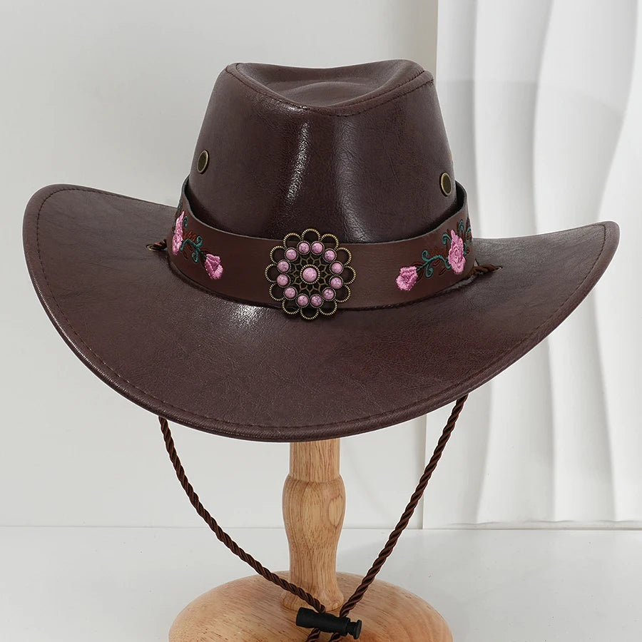 Faux Leather Western Cowboy Hats For Women Men Vintage Wide Brim Gentleman Church Jazz Cap Cowgirl Hats Sombrero Hombre